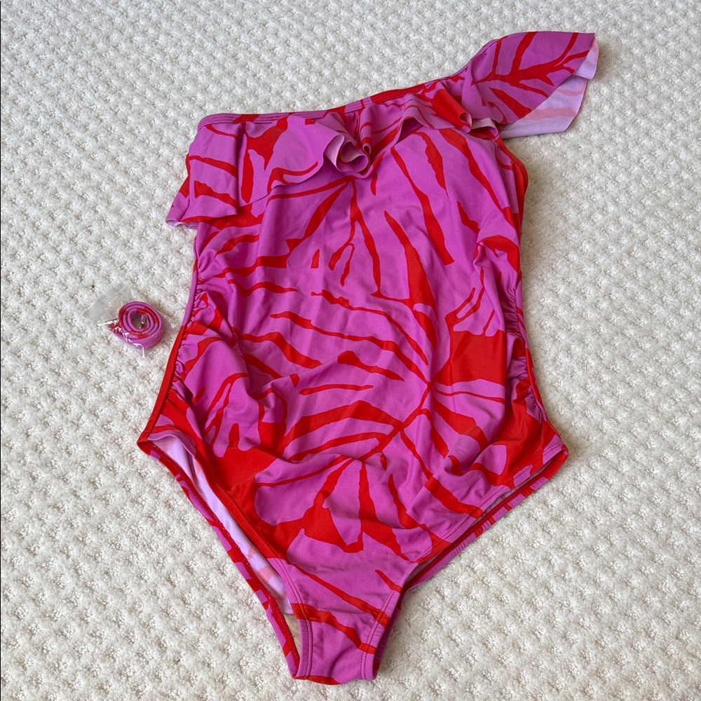 Beach Bump Maternity One-Shoulder Swimsuit - Red and Pink
